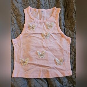 Pink cropped Whimsy Tank Top With Butterflies, Size Small